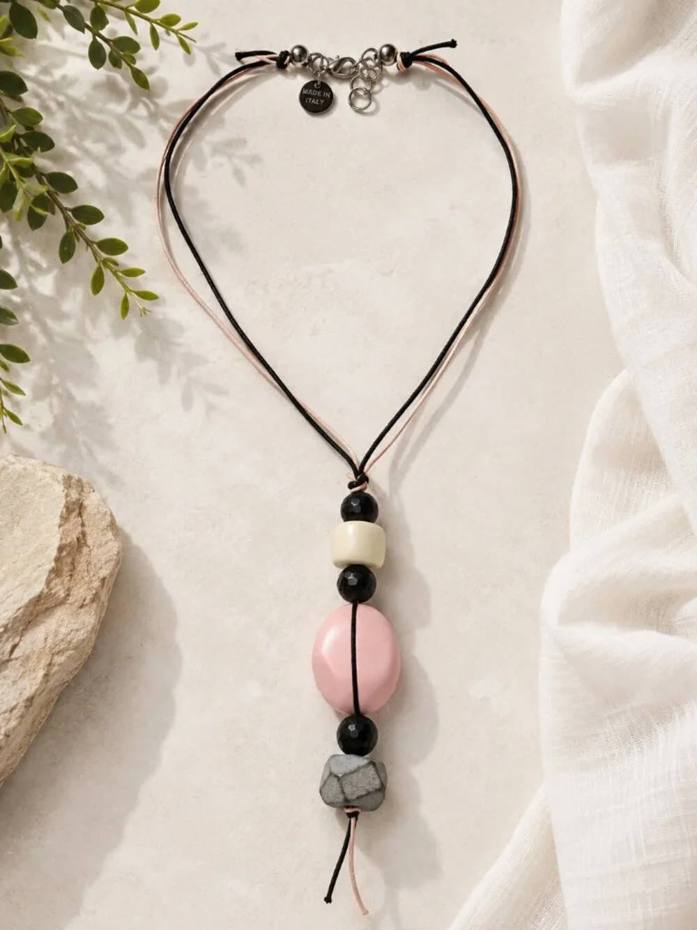 Cliché Italy Statement Beaded Necklace Pink Black Resin Modern Artisan